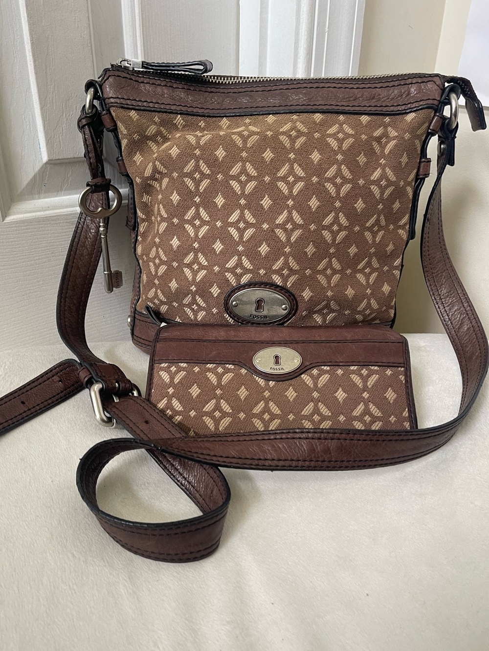 Fossil Brown Monogram Crossbody Bag with Matching Wallet